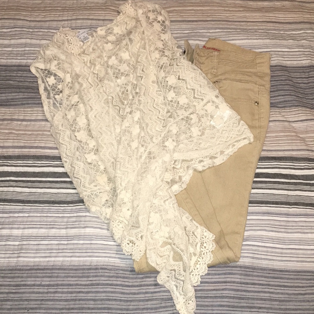 Tan pants and cardigan